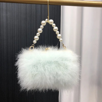 Pearl bracelet Lady Shoulder Bag blue Ostrich Feather Handbag Exquisite Evening Clutch Bag Banquet Wedding Purse for Women Girl