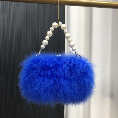 Pearl bracelet Lady Shoulder Bag blue Ostrich Feather Handbag Exquisite Evening Clutch Bag Banquet Wedding Purse for Women Girl