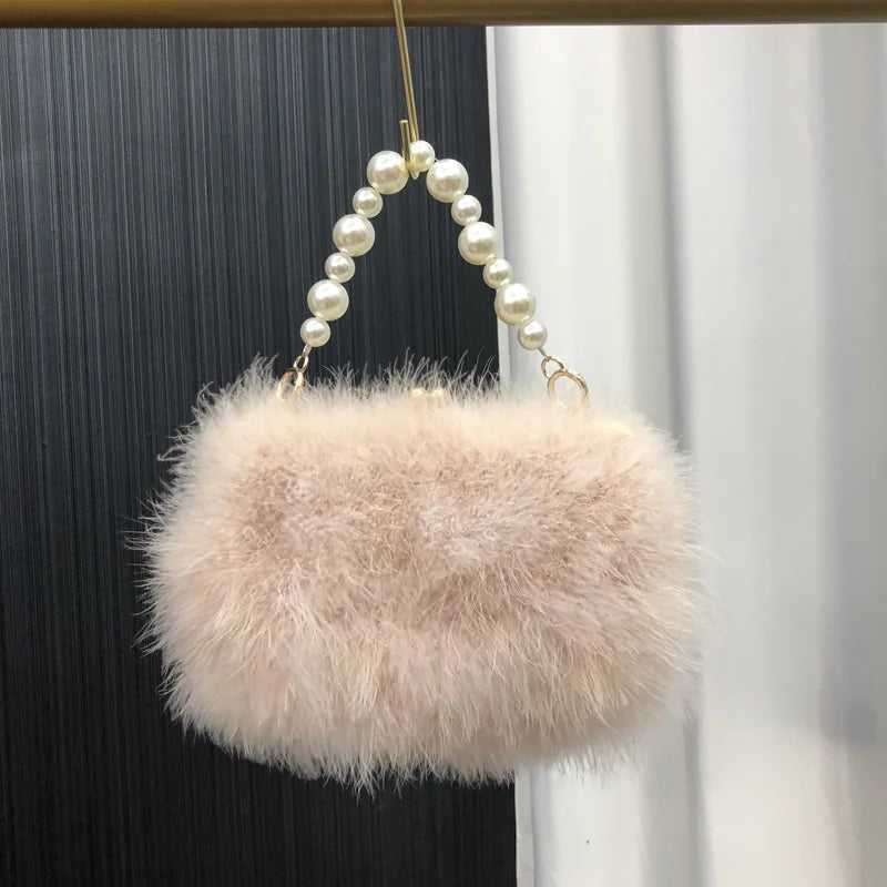 Pearl bracelet Lady Shoulder Bag blue Ostrich Feather Handbag Exquisite Evening Clutch Bag Banquet Wedding Purse for Women Girl