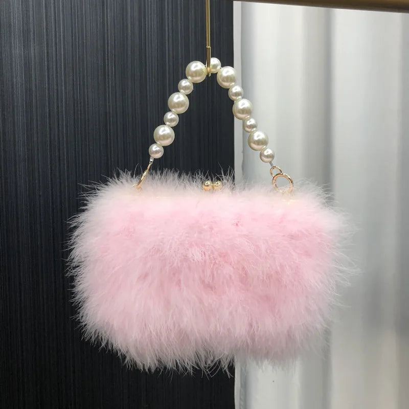 Pearl bracelet Lady Shoulder Bag blue Ostrich Feather Handbag Exquisite Evening Clutch Bag Banquet Wedding Purse for Women Girl