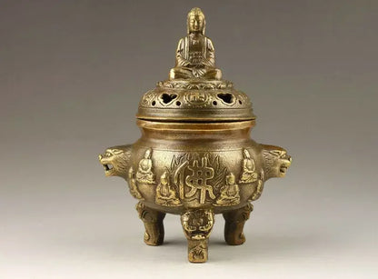 Pembakar Dupa Buddha Berukir Tembaga Tua Buatan Tangan Dekoratif Tiongkok