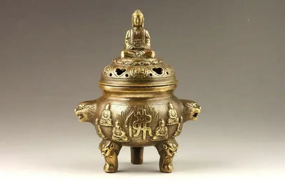 Pembakar Dupa Buddha Berukir Tembaga Tua Buatan Tangan Dekoratif Tiongkok