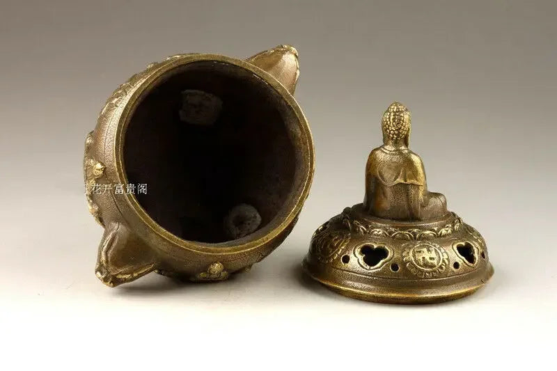 Pembakar Dupa Buddha Berukir Tembaga Tua Buatan Tangan Dekoratif Tiongkok