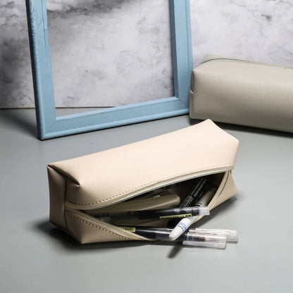 Pen Bag Holder Casual Simple PVC Leather Student Pencil Pouch Stationery Box Unisex Multi-purpose Makeup Pen Brush Storage Bag