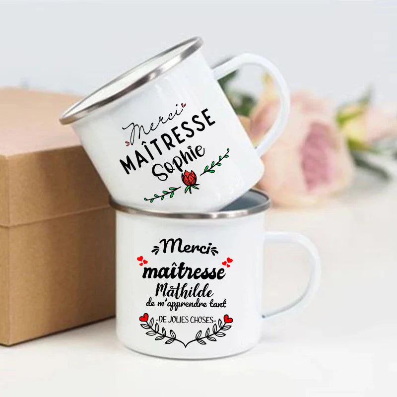 Personalised Custom Name Mug Enamel Mugs Merci Maitresse Coffee Cups Drinks Water Cup School Home Handle Drinkware Teacher Gifts
