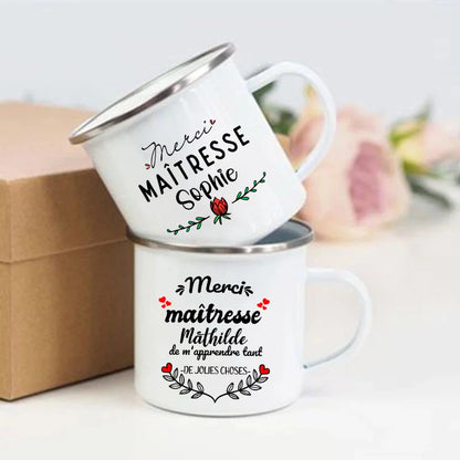 Personalised Custom Name Mug Enamel Mugs Merci Maitresse Coffee Cups Drinks Water Cup School Home Handle Drinkware Teacher Gifts