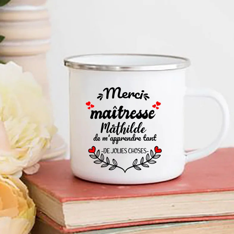 Personalised Custom Name Mug Enamel Mugs Merci Maitresse Coffee Cups Drinks Water Cup School Home Handle Drinkware Teacher Gifts