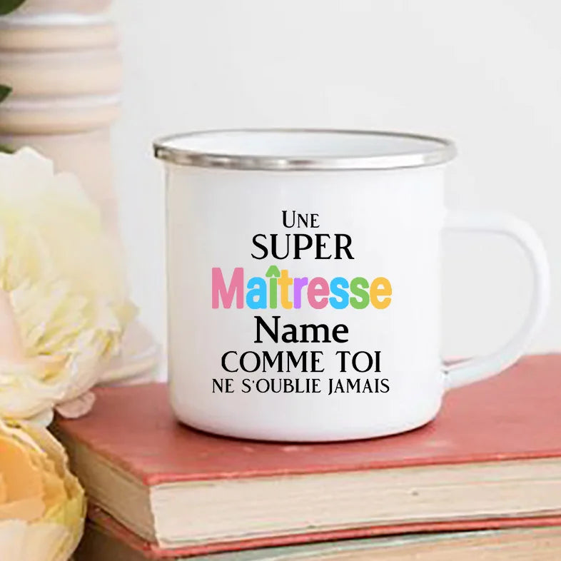 Personalised Custom Name Mug Enamel Mugs Merci Maitresse Coffee Cups Drinks Water Cup School Home Handle Drinkware Teacher Gifts