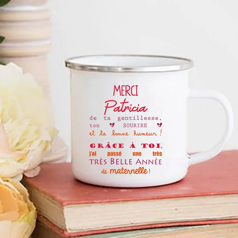 Personalised Custom Name Mug Enamel Mugs Merci Maitresse Coffee Cups Drinks Water Cup School Home Handle Drinkware Teacher Gifts