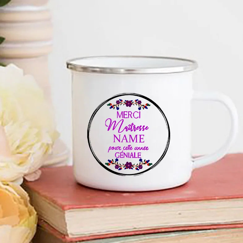 Personalised Custom Name Mug Enamel Mugs Merci Maitresse Coffee Cups Drinks Water Cup School Home Handle Drinkware Teacher Gifts