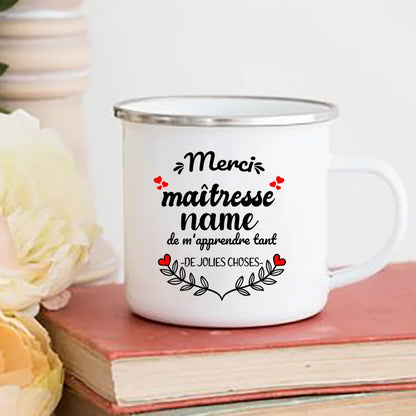 Personalised Custom Name Mug Enamel Mugs Merci Maitresse Coffee Cups Drinks Water Cup School Home Handle Drinkware Teacher Gifts