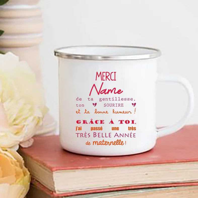 Personalised Custom Name Mug Enamel Mugs Merci Maitresse Coffee Cups Drinks Water Cup School Home Handle Drinkware Teacher Gifts