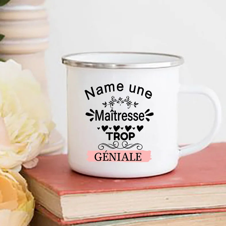 Personalised Custom Name Mug Enamel Mugs Merci Maitresse Coffee Cups Drinks Water Cup School Home Handle Drinkware Teacher Gifts