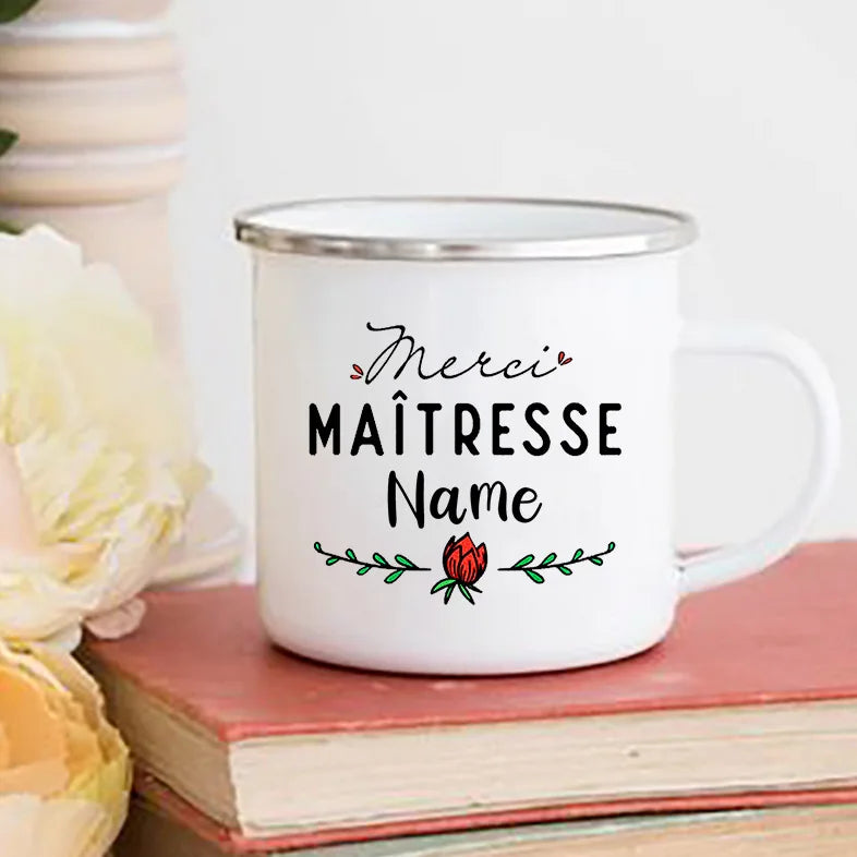 Personalised Custom Name Mug Enamel Mugs Merci Maitresse Coffee Cups Drinks Water Cup School Home Handle Drinkware Teacher Gifts