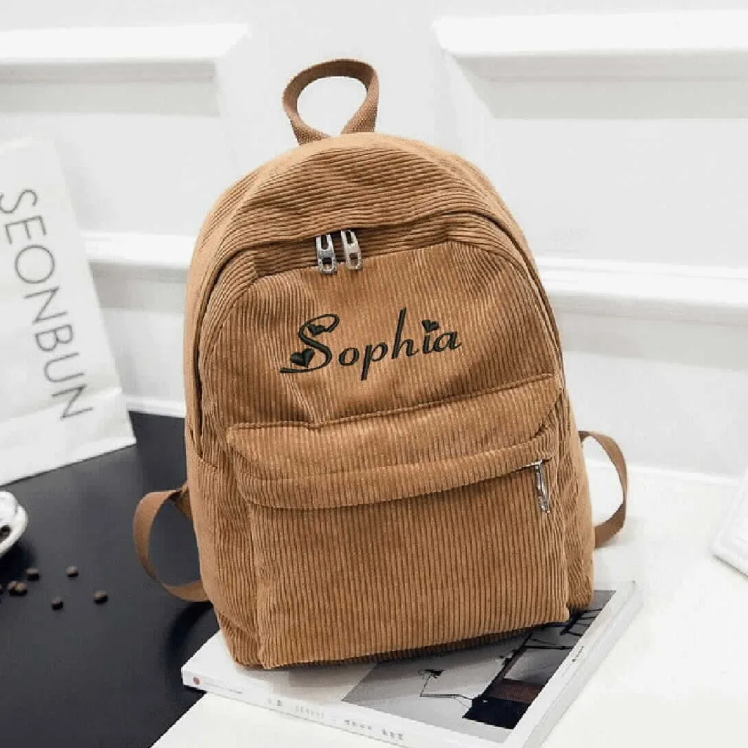 Personalised Embroidery Corduroy Kawaii Backpack Student Adorable Backpack for School Girls Women Cute Back Bag Casual Day Pack
