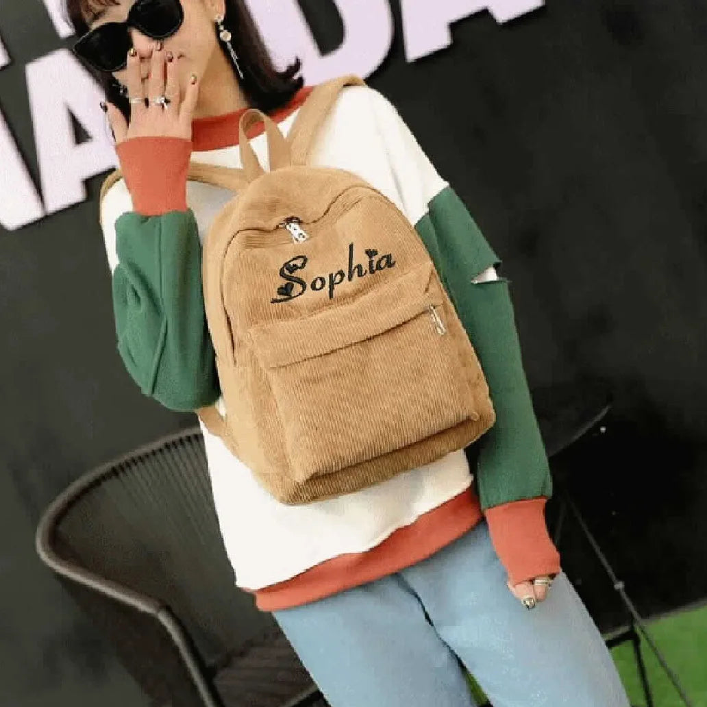 Personalised Embroidery Corduroy Kawaii Backpack Student Adorable Backpack for School Girls Women Cute Back Bag Casual Day Pack