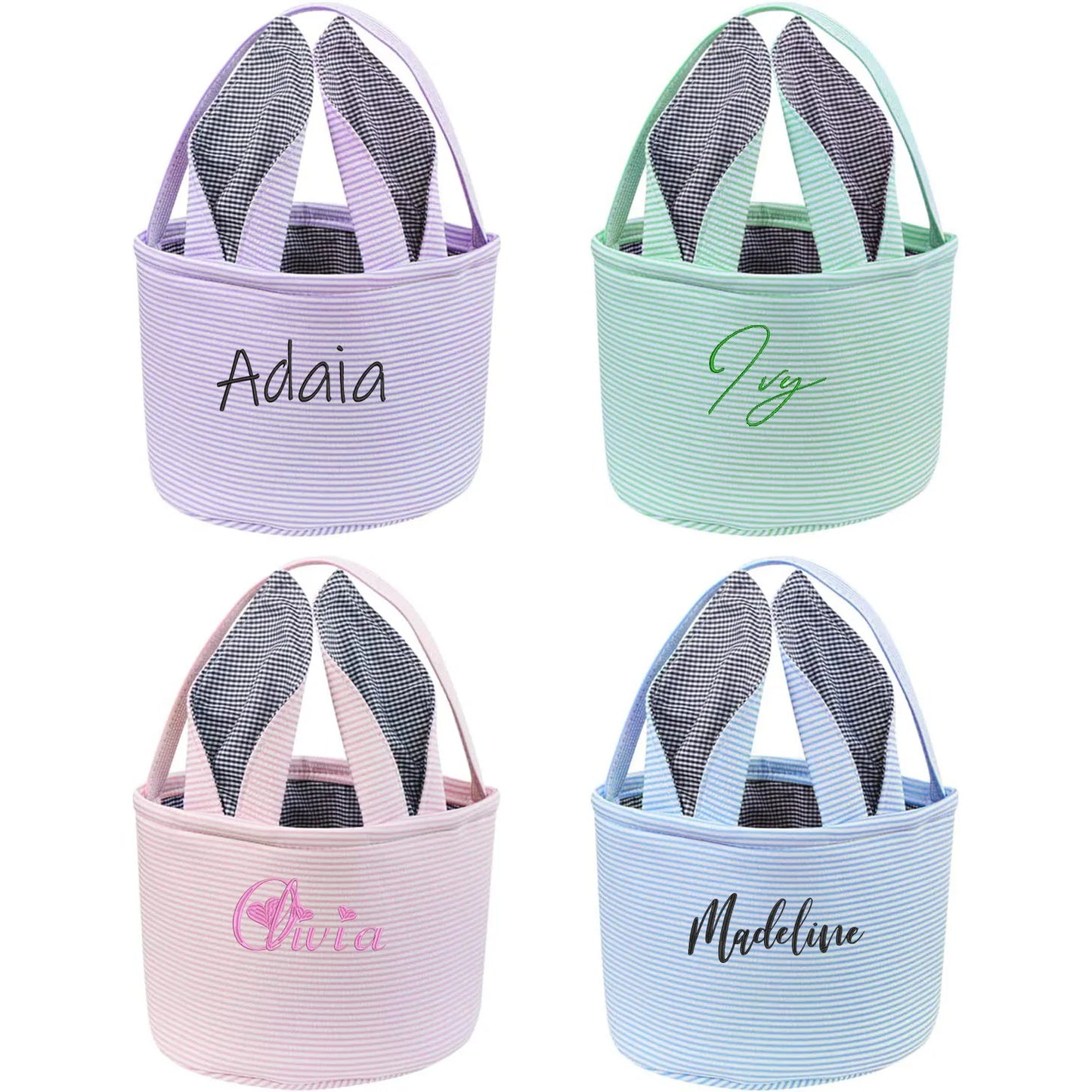 Personalised Embroidery Easter Baskets Easter Bunny Ears Bags with Cute Rabbit Ears Stripe Storage Kids Easter Egg Bunny Bucket