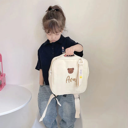 Personalised Embroidery Name Bear Kids Backpack Cute Cartoon Canvas Kindergarten Children Backpack Custom Name Cute Bear Bag