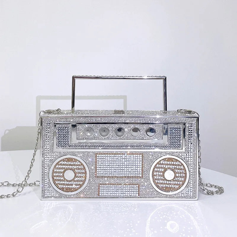 Personality Sound recorder out styling Gold Diamond Wedding Dress Bridal Crystal Purses Metal Women Rhinestones Clutch Purse