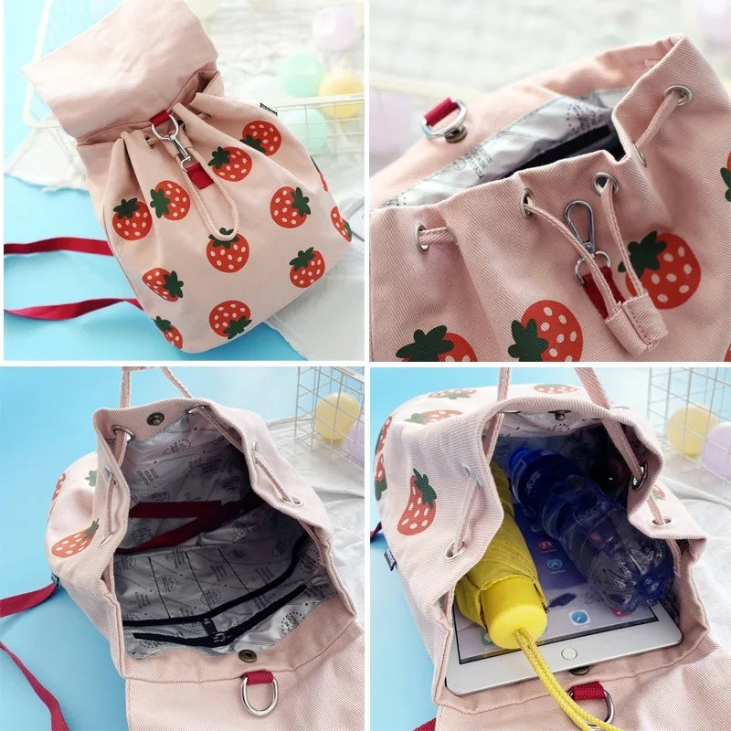 Personalized Backpacks Women Kawaii Fruits Printed Sweet Mori Girls Portable Students Canvas Rucksack Embroidery Name School Bag