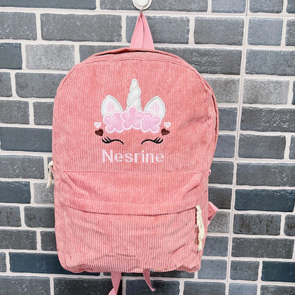 Personalized Embroidered Corduroy Large Capacity Backpack Back To School Bag Custom School Unicorn Backpack Embroidered Backpack