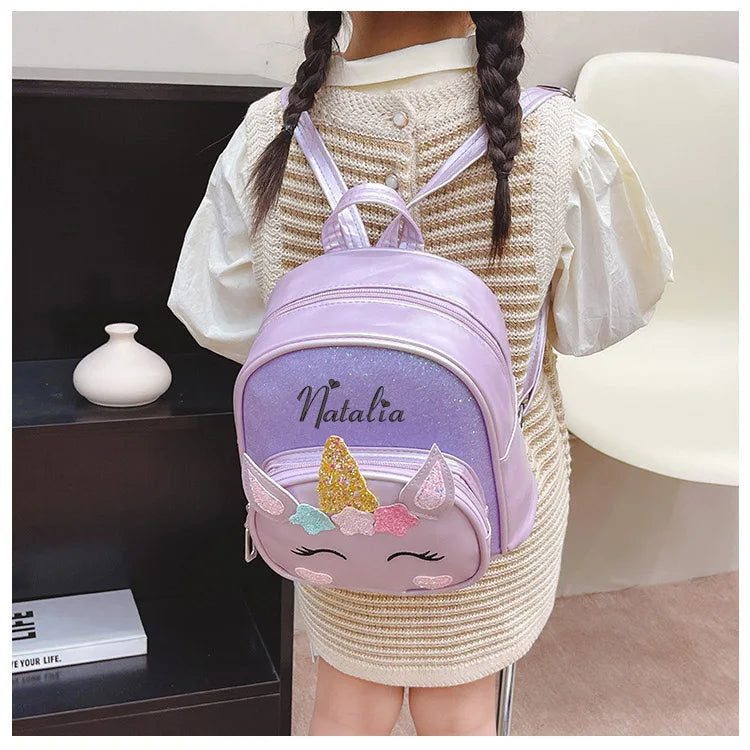 Personalized Embroidered Unicorn Backpack Custom Name Toddler School Bag Cute Cartoon Children Girl Backpack PU Outdoor Backpack