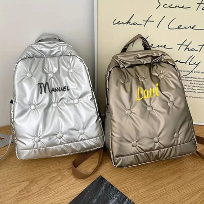 Personalized Embroidery Name Putter Quilted Backpack Solid Color School Bag Custom Any Name Padded Travel Vacation Rucksack