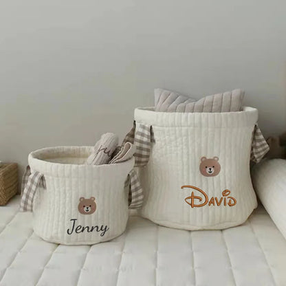 Personalized Name Bear Storage Bucket Cotton Storage Basket Diaper Bag Large Capacity Cotton Storage Bin for Home Nursery Room