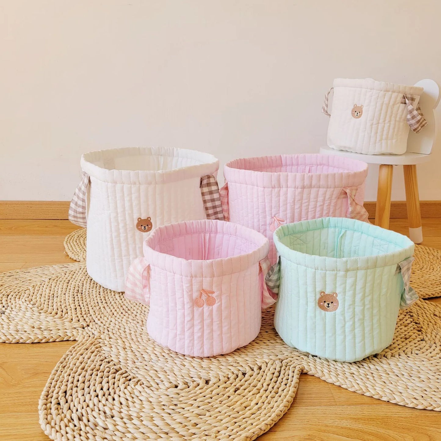 Personalized Name Bear Storage Bucket Cotton Storage Basket Diaper Bag Large Capacity Cotton Storage Bin for Home Nursery Room