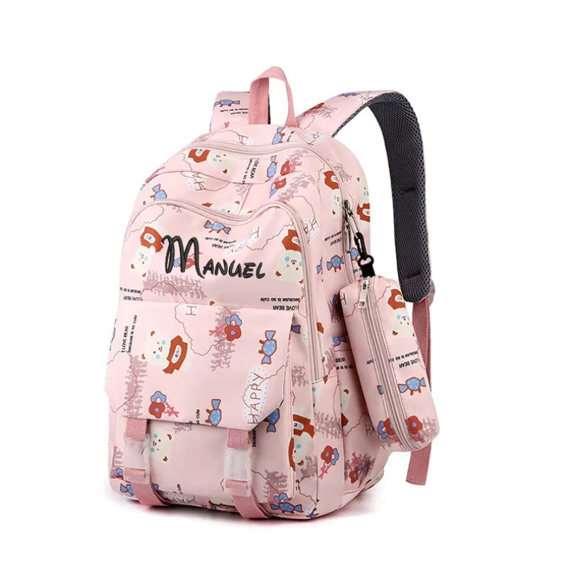 Personalized Name Large Capacity Backpack With Pen Bag, Cartoon Bear Lightweight Waterproof Backpack School Bag Children's Gift
