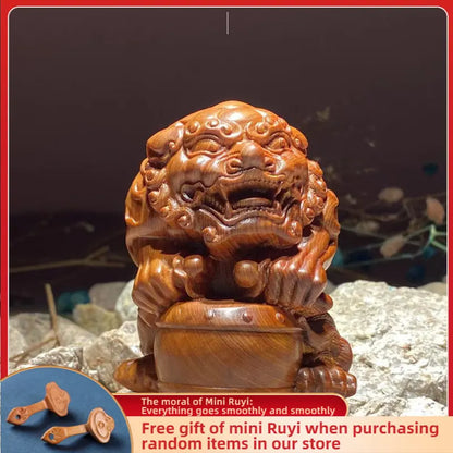 PiXiu Beat A Drum Taihang Cliff Cypress Wood Ageing Material Red Oil Black Gold Material Hand Piece Wood Carving Small Ornaments