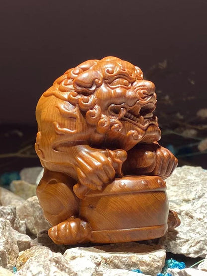 PiXiu Beat A Drum Taihang Cliff Cypress Wood Ageing Material Red Oil Black Gold Material Hand Piece Wood Carving Small Ornaments