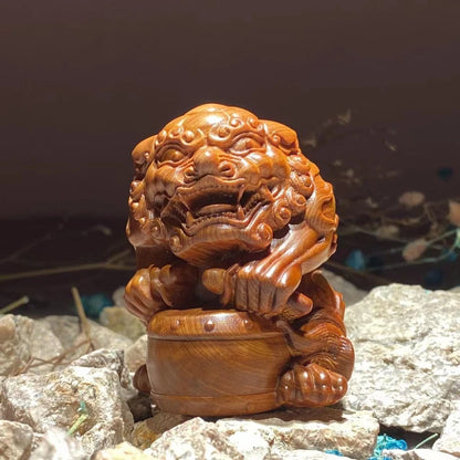 PiXiu Beat A Drum Taihang Cliff Cypress Wood Ageing Material Red Oil Black Gold Material Hand Piece Wood Carving Small Ornaments