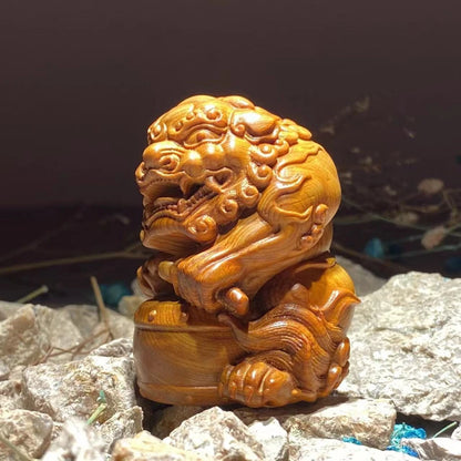 PiXiu Beat A Drum Taihang Cliff Cypress Wood Ageing Material Red Oil Black Gold Material Hand Piece Wood Carving Small Ornaments