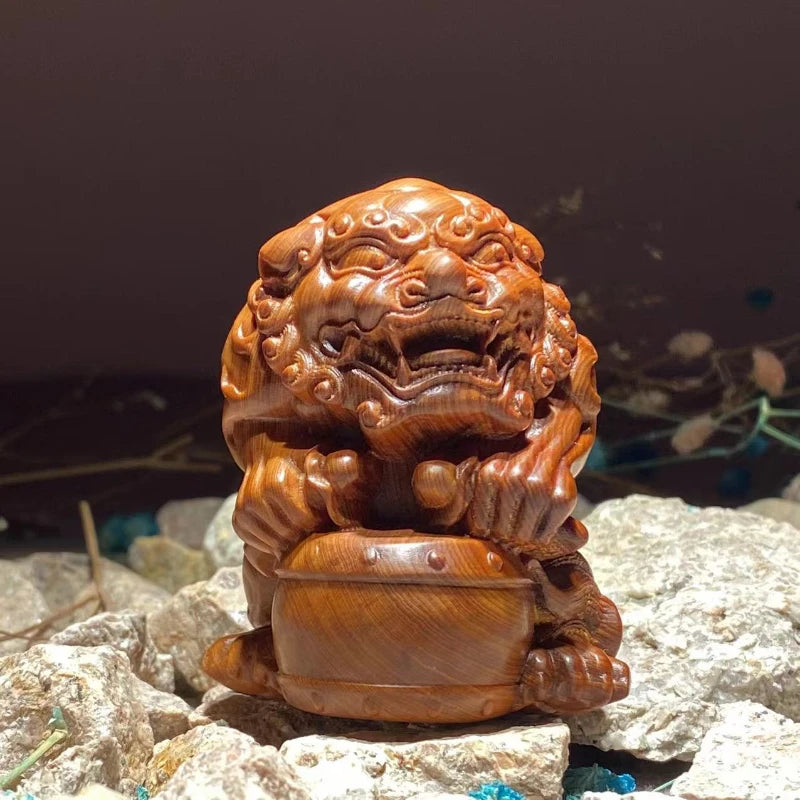 PiXiu Beat A Drum Taihang Cliff Cypress Wood Ageing Material Red Oil Black Gold Material Hand Piece Wood Carving Small Ornaments