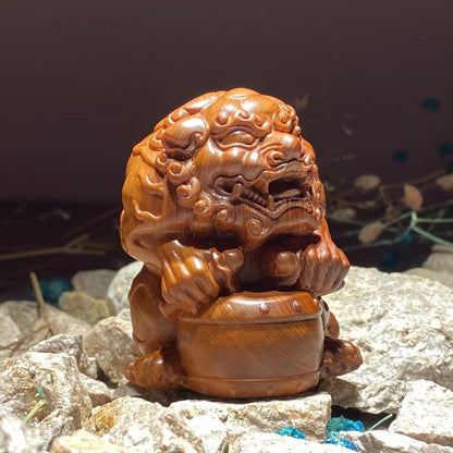 PiXiu Beat A Drum Taihang Cliff Cypress Wood Ageing Material Red Oil Black Gold Material Hand Piece Wood Carving Small Ornaments