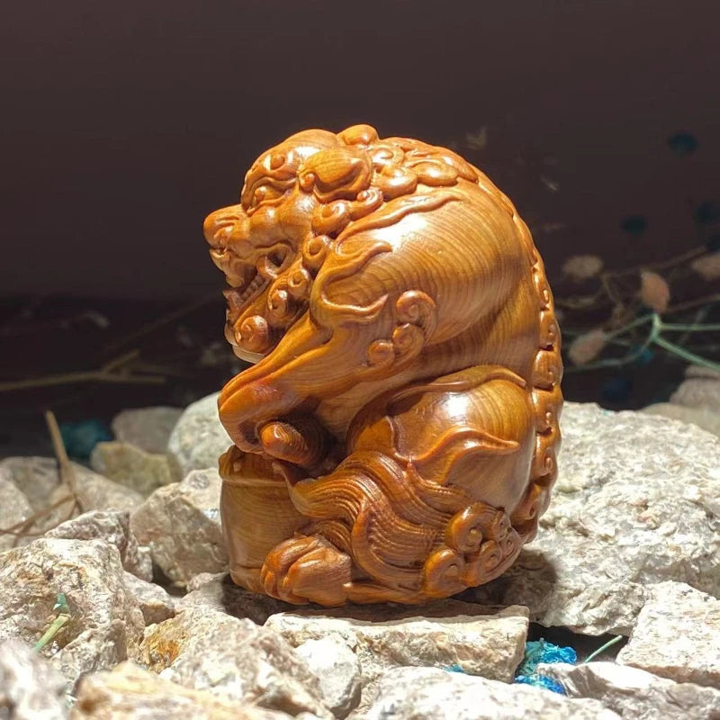 PiXiu Beat A Drum Taihang Cliff Cypress Wood Ageing Material Red Oil Black Gold Material Hand Piece Wood Carving Small Ornaments