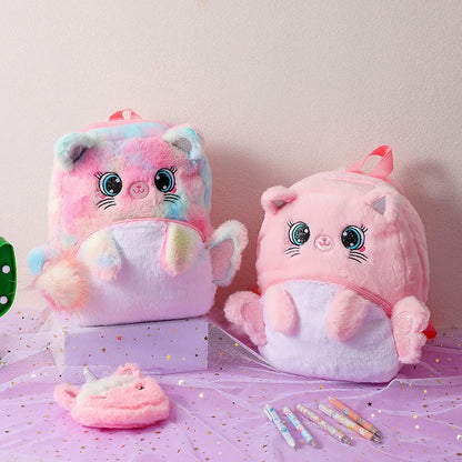 Pink Cat School Bags for Girls Kawaii Travel Backpack Soft Plush Kindergarten Children Kids School Backpack Mochilas Escolares