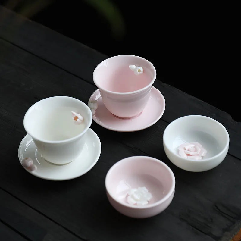 Pink Pinched Flower Tea Cup Master Cup with Coaster Ceramic Teacup Handmade Porcelain Tea Bowl Tea Cup Chinese Kung Fu Tea Set