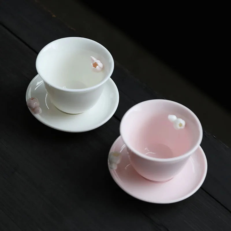 Pink Pinched Flower Tea Cup Master Cup with Coaster Ceramic Teacup Handmade Porcelain Tea Bowl Tea Cup Chinese Kung Fu Tea Set