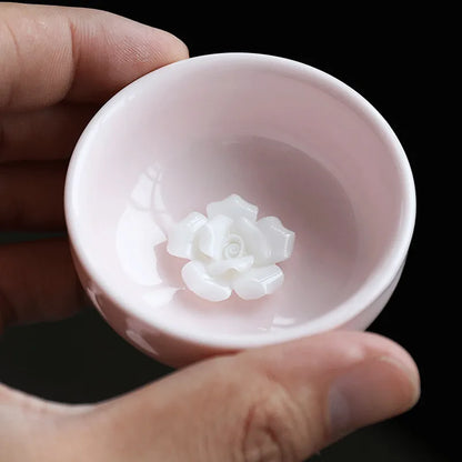 Pink Pinched Flower Tea Cup Master Cup with Coaster Ceramic Teacup Handmade Porcelain Tea Bowl Tea Cup Chinese Kung Fu Tea Set