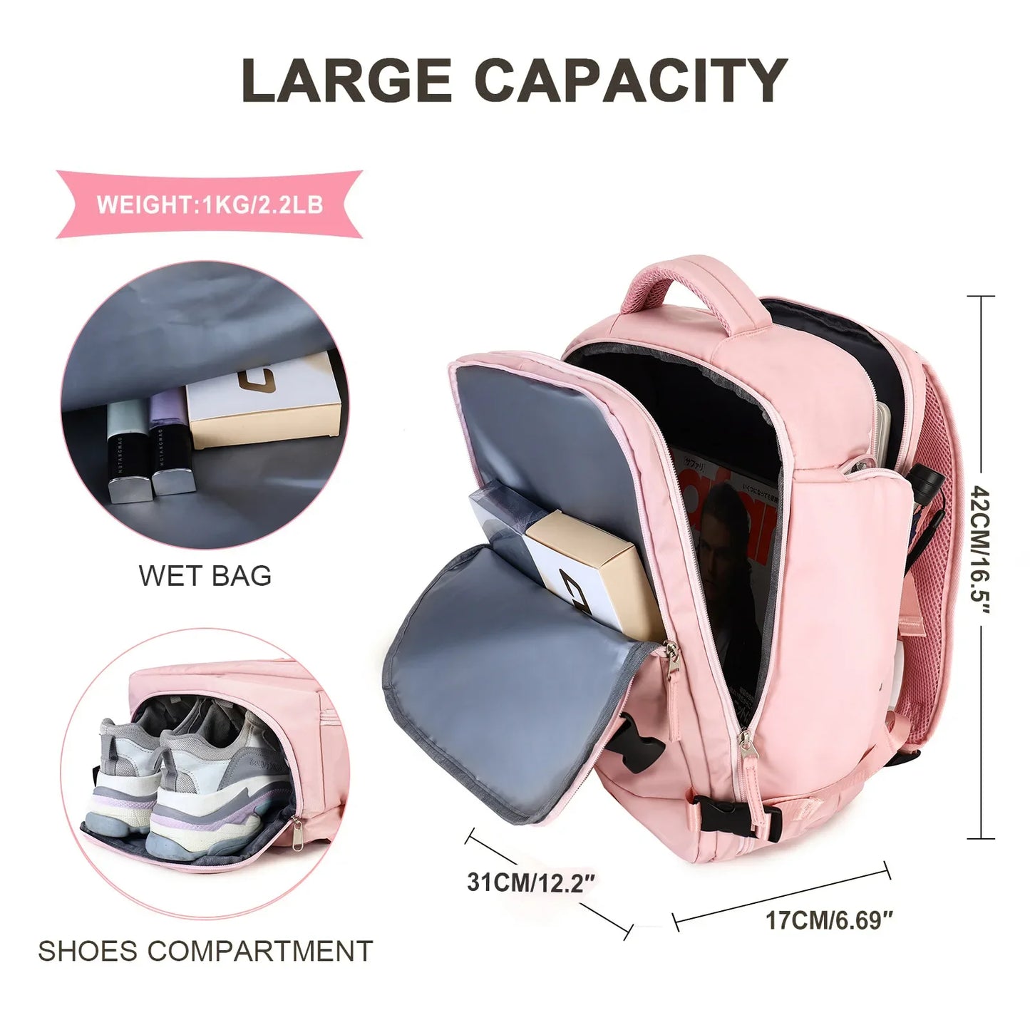 Pink Travel Backpack Women Airplane Large Capacity Multi-Function Luggage Lightweight Waterproof USB Charging Bag Sports Bagpack