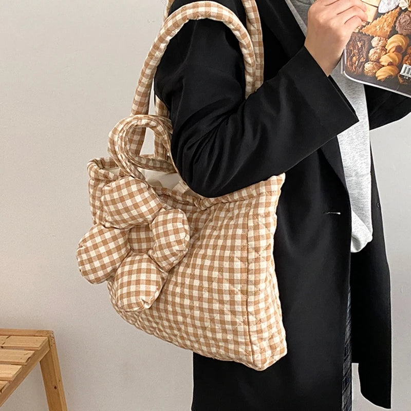 Plaid Tote Handbag Shoulder Bag Book Storage Bag Large Capacity Casual Cute Shopping Bags Dumpling Bag Shoulder Shopper