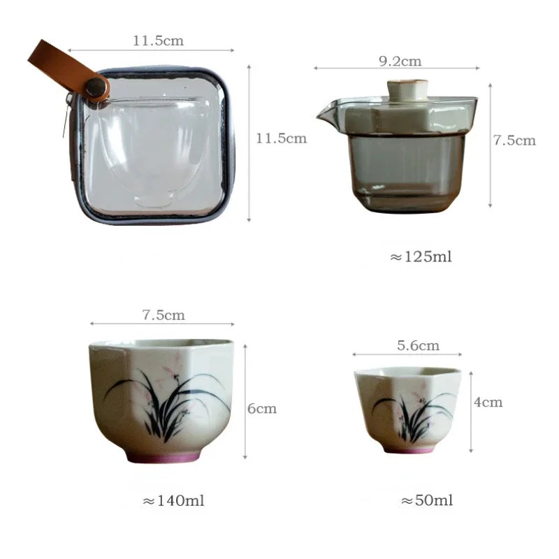 Plant Ash Hand-painted Ceramic Travel Tea Set Portable One Pot Two Cups Square Edge Cup Travel Tea Set Kung Fu Tea Set