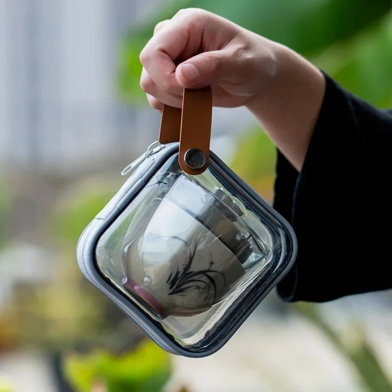 Plant Ash Hand-painted Ceramic Travel Tea Set Portable One Pot Two Cups Square Edge Cup Travel Tea Set Kung Fu Tea Set