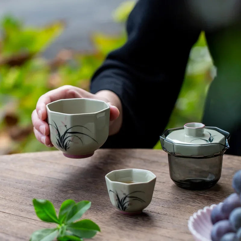 Plant Ash Hand-painted Ceramic Travel Tea Set Portable One Pot Two Cups Square Edge Cup Travel Tea Set Kung Fu Tea Set