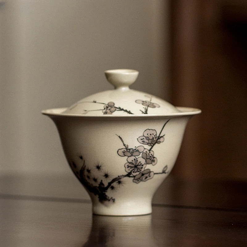 Plant Ash Plum Blossom Gaiwan Chinese Retro Ceramic Cover Bowl Simple Grey Tea Making Bowl Handmade Tea Set Cups