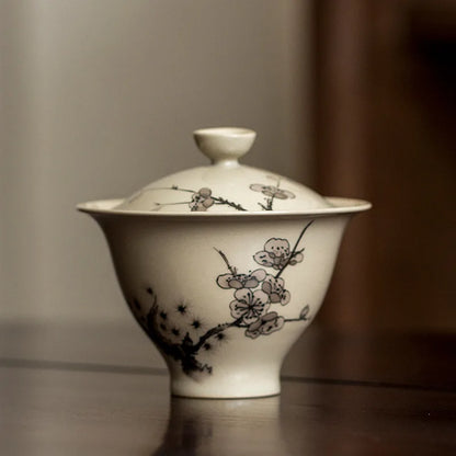 Plant Ash Plum Blossom Gaiwan Chinese Retro Ceramic Cover Bowl Simple Grey Tea Making Bowl Handmade Tea Set Cups