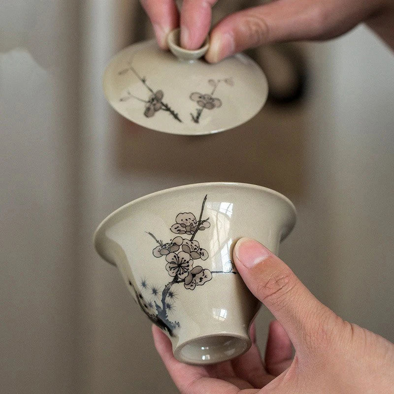 Plant Ash Plum Blossom Gaiwan Chinese Retro Ceramic Cover Bowl Simple Grey Tea Making Bowl Handmade Tea Set Cups