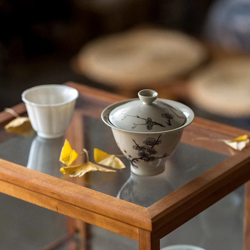 Plant Ash Plum Blossom Gaiwan Chinese Retro Ceramic Cover Bowl Simple Grey Tea Making Bowl Handmade Tea Set Cups